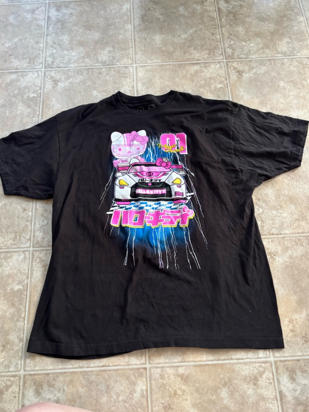 Men’s Hello Kitty Black Graphic Tee with Pink & Blue Racing Design